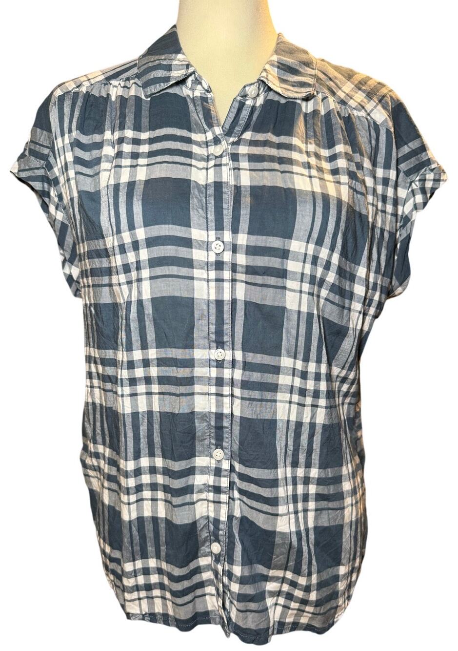 Kuhl Blue Plaid Tencel Cap Sleeve Button Down Shirt, Women's Size Medium